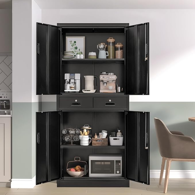 CJF Metal Storage Cabinet, 71" H Metal Cabinets with Adjustable Shelves and Drawers, Locking Storage Cabinet for Pantry, Office, Garage, Home, School, Utility (Black)