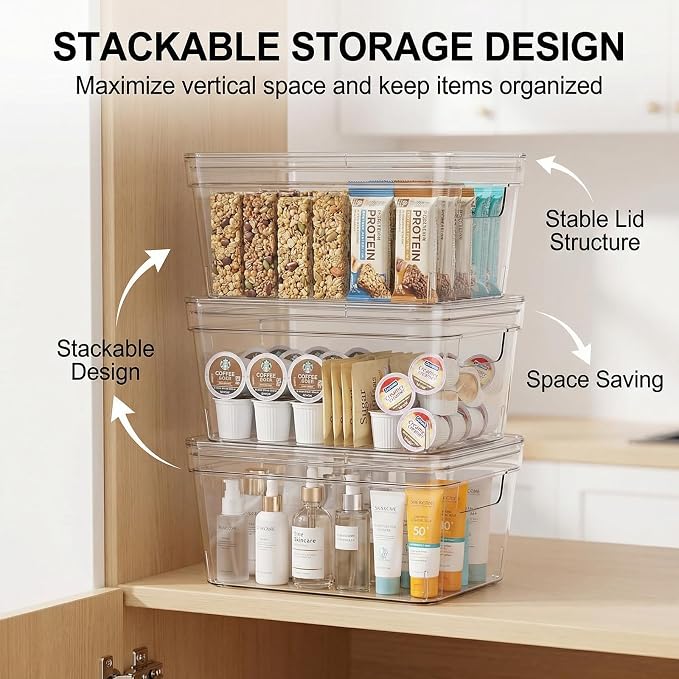 MOONEDGE 4-Pack 10x6x5 Stackable Small Clear Storage Bins with Lids | Plastic small item organizer containers with handles for vanity, craft, office, fridge, kitchen, pantry, bathroom and closet