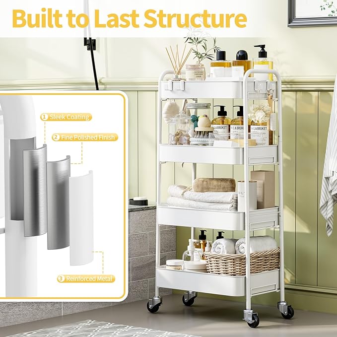 TOOLF 4 Tier Metal Rolling Cart, Utility Storage Cart with Wheels, White | Screwless Assembly, Lockable Metal Wheels, Trolley Organizer for Bathroom, Kitchen, Office, Dorm, Laundry, Craft Room