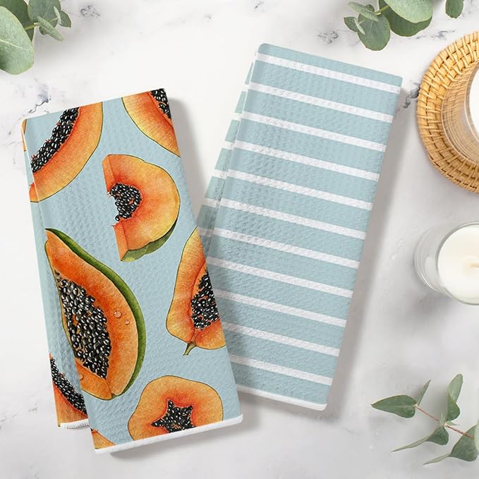 Papaya and Blue Stripes Kitchen Towels, Quick Dry Multipurpose Waffle Weave Hand Towels for Bathroom, Absorbent Reusable Cloth Tea Dish Towels for Home Decor, Papaya Lover Gift Towel Set of 2