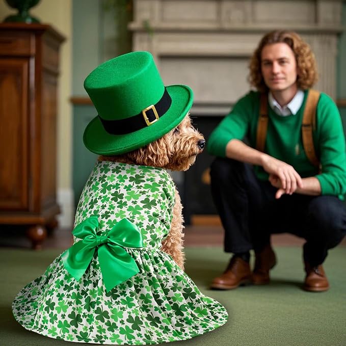 St. Patrick's Day Dog Costume Dress M – Lucky Clover and Horseshoe Design with Green Bow, Pet Outfit for 8-9 lbs Dogs and Cats, Holiday Party Clothes