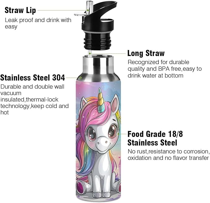 Cute Unicorn Rainbow Castle Water Bottle with Straw Lid Kids Insulated Stainless Steel Water Flask Sports, 20 Oz Hot Cold