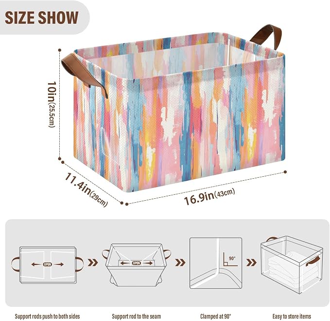 Pastel Rainbow Colored Abstrct Storage Basket Foldable Cube Storage Bin with Handles&Label Collapsible Organizer Box Bin Large Rectangle Decorative Basket for Shelve Home Living Room Closet
