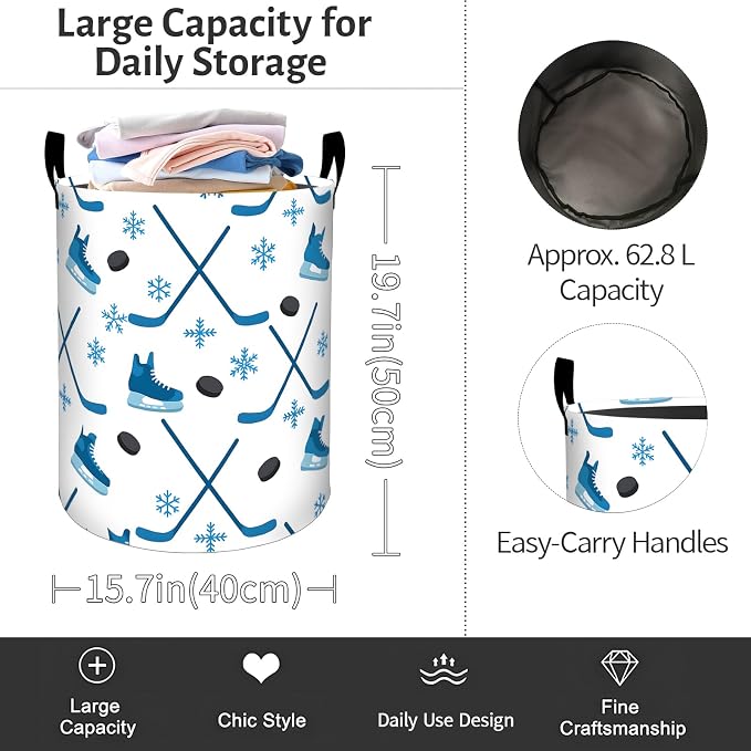 Hockey Sport Laundry Basket, Skate Puck Stick Foldable Oxford Cloth, Waterproof Dirty Clothes Hamper with Handles, Clothing Storage Bin Toy Organizer for Bedroom Dorm Bathroom, 19.7"x15.7"