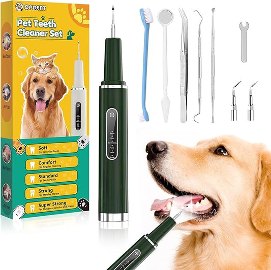 Opdent Dog Plaque Remover for Teeth - Pet Ultrasonic Tooth Cleaner, 6 Adjustable Modes Dog Teeth Cldaning Kit with LED Light, Cats and Dogs Tartar Remover for Teeth (Green, Large)