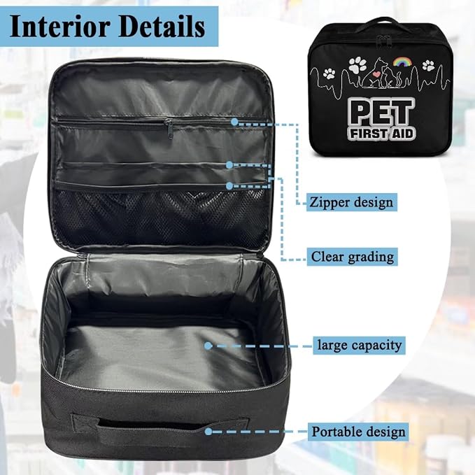 First Aid Case Empty Pet Heartbeat Pattern Veterinary Medic Bag for Animal Clinics and Pet Owners Includes Secure Zipper Compartments Breathable Mesh Panels Soft Lining Washable Material