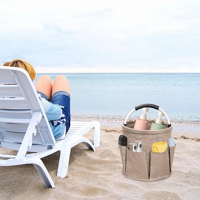 17L Portable Cleaning Bucket Organiser, 6 Pockets Foldable Cleaning Caddy with Handle Wearable Cleaning Caddy Bag for Outdoor Camping Garden Harvest Basket Home Bathroom Storage (Khaki)