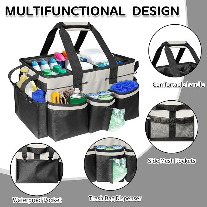 Boczif Cleaning Caddy Bag Wearable,Cleaning Caddy Supplies Organizer(White) | with Handle, Shoulder Straps & Detachable Divide, Cleaning Tool Organizers Tote Bag for Cleaners & Housekeepers