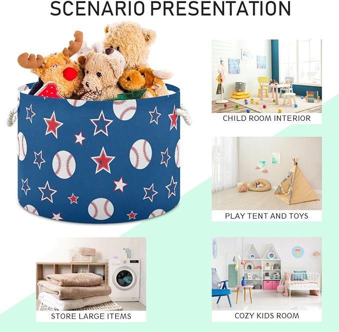 DOMIKING Large Storage Basket for Toys Blue Baseball Stars Storage Bin Box Organizer Basket for Home Decor Pet Toy Blankets Nursery