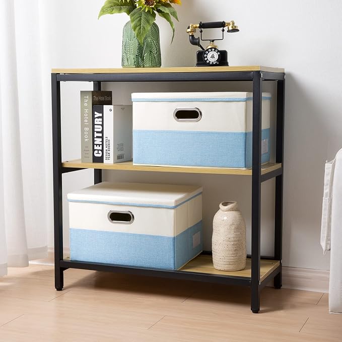 Large Foldable Storage Boxes with Lids [3-Pack] Fabric Collapsible Storage Bins Organizer Containers Baskets Cube with Cover for Home Bedroom Closet Office Nursery Blue&Cream(17.7x11.8x11.8)