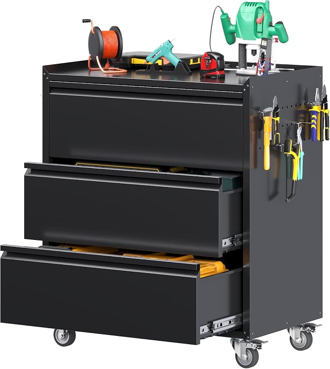 Reemoon 3 Drawers Garage Storage Cabinet with Wheels,35" H Metal Storage Cabinets for Garage, Home, Assembly Required,Black