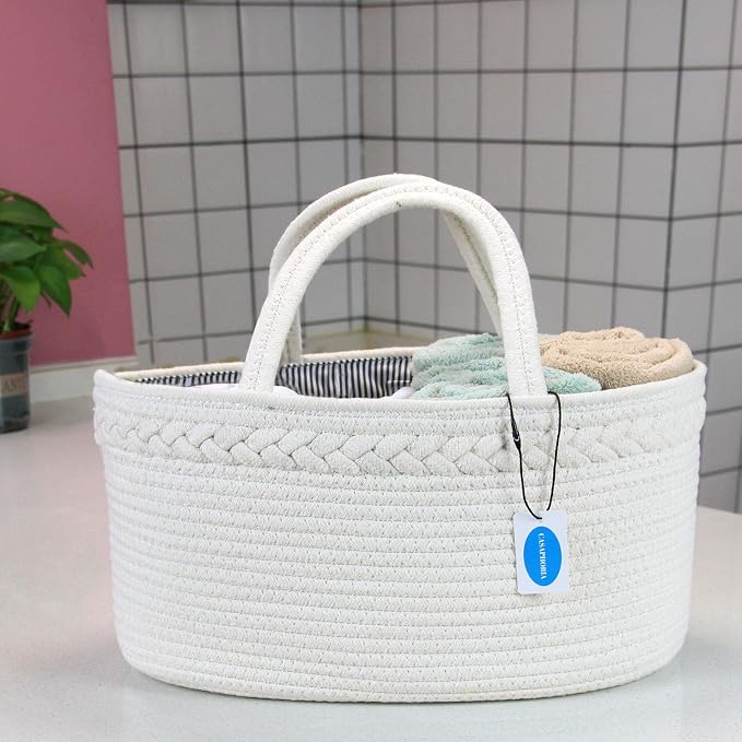 Casaphoria Woven Sundries Hamper - Cotton Rope Basket for Storage, Caddy, Organizer with Handle - Cream White (14.2"x8.5"x7.1")
