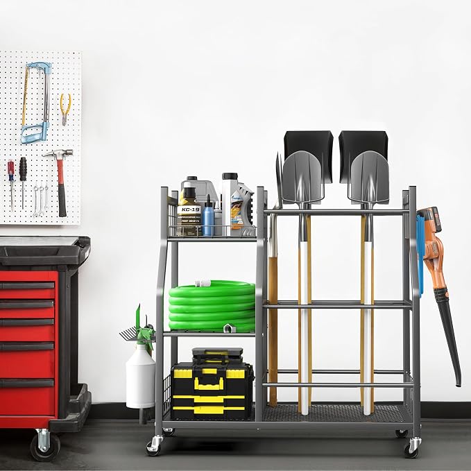 EVERHANGER Garden Tool Organizer Stand, Garage Tool Storage Organization | Yard Tool Racks with lockable wheels, Fit for Long-Handled Tools/Rakes/Brooms