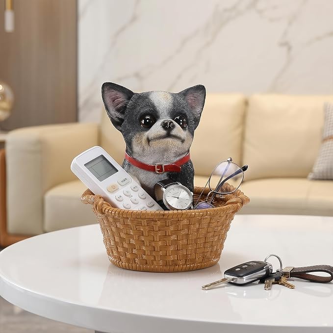 Cute Chihuahua Candy Bowl, Resin Dog Figurine Key Bowl for Entryway Table, Desktop Storage Basket Organizer for Desk, Unique Dog Lover Gift