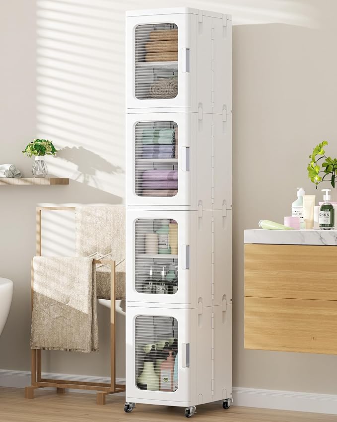 BROVIEW 4-Tier Tall Narrow Storage Cabinet Organizer, Slim Bathroom Cabinets with Adjustable Shelves and Doors, Plastic Kitchen Pantry Organizers and Storages for Small Space, Laundry, White
