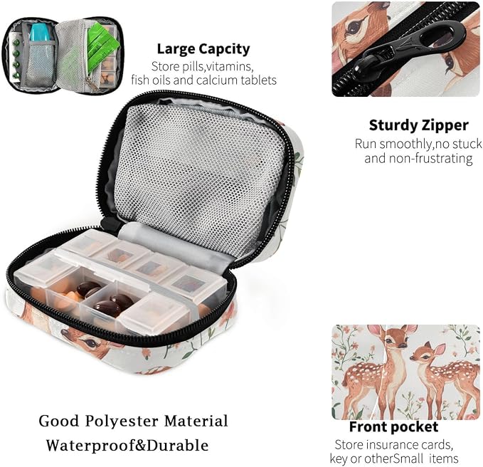 Fustylead Lovely Retro Fawn on Floral Background Travel Pill Case Bag with Zipper Weekly Pill Box 8 Compartments 7 Day Personal Pill Case Purse Medicine Case Organizer