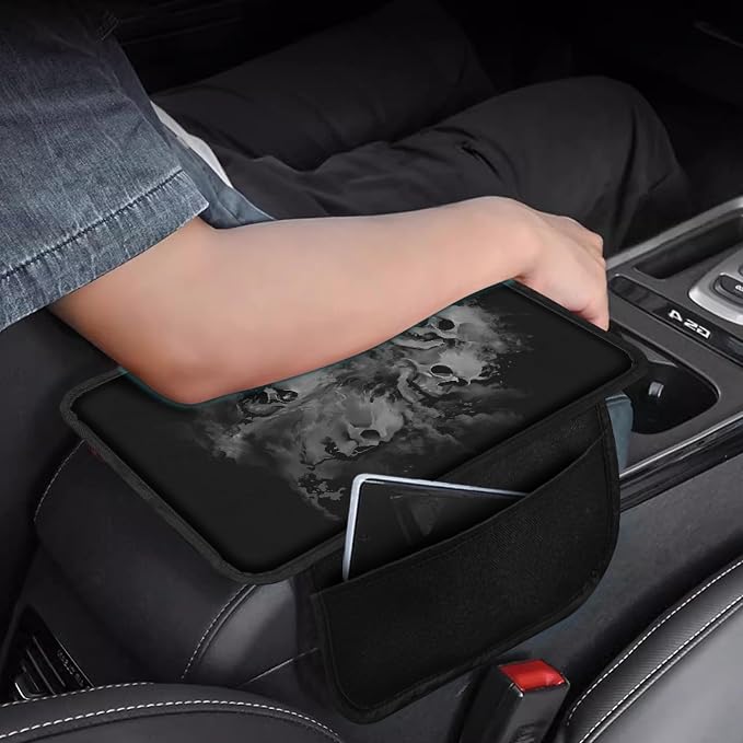 Howilath Center Console Cushion Cover, Non-Slip for Car Armrest | Grey Skull Elastic Band Holds Firmly, No Tools Needed, Protects from Scratches and Stains