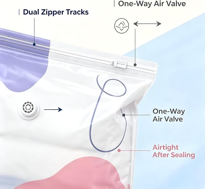 Pump storage bags 3 Pcs Large Cube Compression Space Saver Bags | upright PET+PE compression bags for clothes comforters and blankets; reinforced base double zip seal reusable