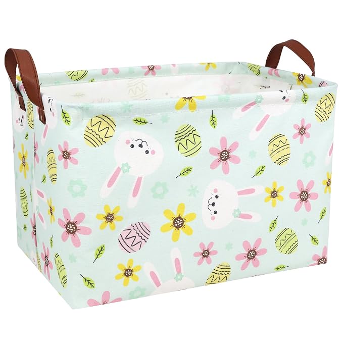 Large Empty Easter Basket for Kid Fabric Personalized Bunny Eggs Easter Gift Basket for Boy and Girl (Rabbit Blue Background)