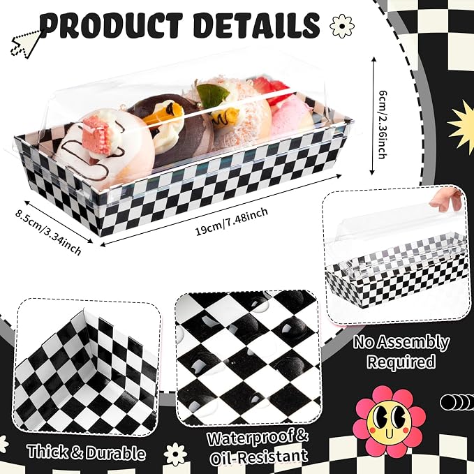 Bokon 50 Pack Black White Checkered Boxes, Small Cookie Boxes with Window, Individual Treat Containers for Sandwich, Cookie, Sushi, Cake Slice, Race Car Party Favors