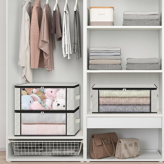 HomeHacks 6-Pack Clothes Organizer Storage Bags, 35L Storage Bins, White | Foldable Storage Box Container with Zippers, Clear Window, Reinforced Handles for Closet, Dorm, Pillows, Bedding, Sweater