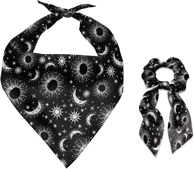 COEQINE Christmas Dog Bandanas Bulk for Small Medium Large Dogs Bandana with Bow Hair Ties for Owner Black Gothic Stars Moon Pattern Holiday Costume for Pet and Adult Costume