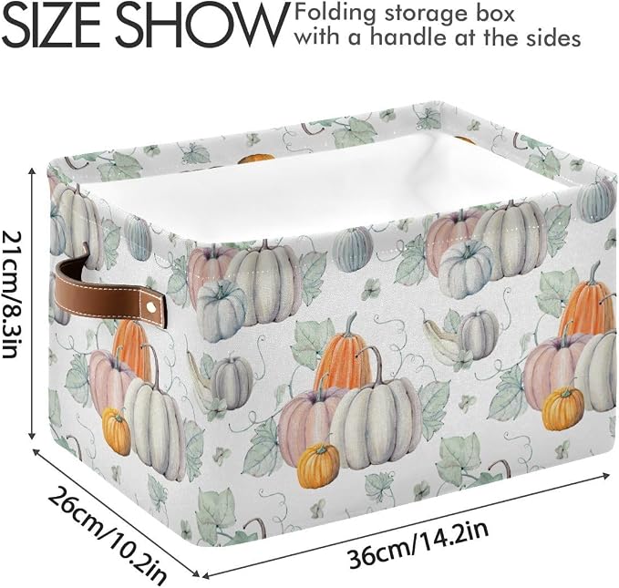 Fall Pumpkin Storage Basket Fabric Kitchen Baskets Autumn Maple Leaves Open Home Storage Bins Boxes Foldable Organizer Bag for Baby Cloth Pet Toy Book Shelf Closet Baskets 2 Pack 16×12×8 Inches
