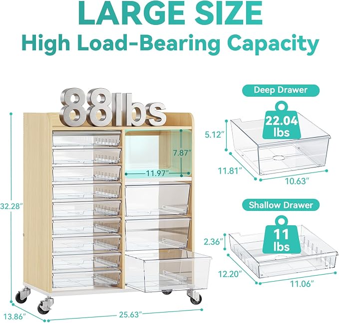 12-Drawer Storage Cabinet with Wooden Top,Open Shelf, Wood Grain | Storage Furniture System with PET Clear Drawers, Lockable Wheels, for Craft Room, Makeup Vanity, Kids & Home Organization