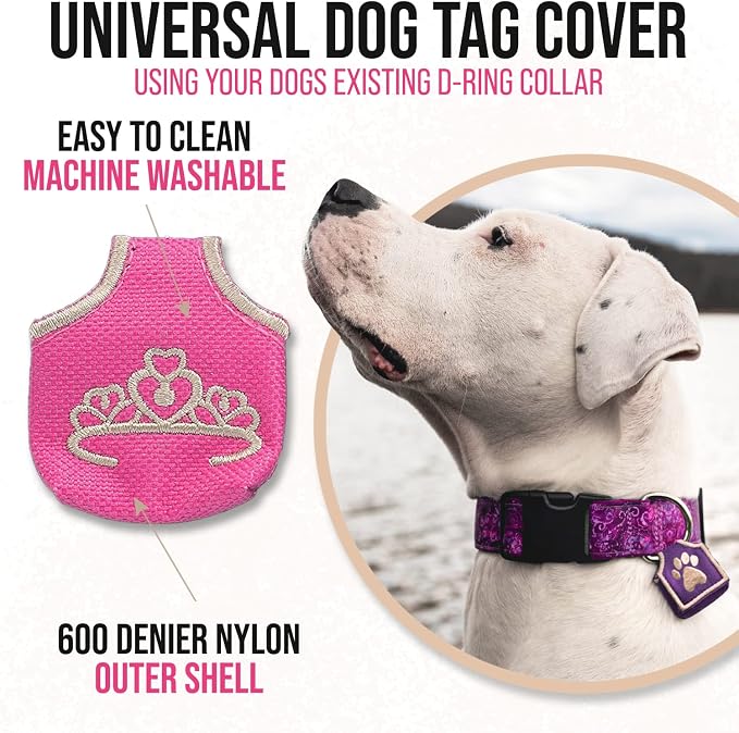 Woofhoof Dog Tag Silencer, Pink Princess - Quiet Noisy Pet Tags - Fits Up to Four Pet IDs - Dog Tag Cover Protects Metal Pet IDs from Tarnish, Made of Durable Nylon, Universal Fit, Machine Washable