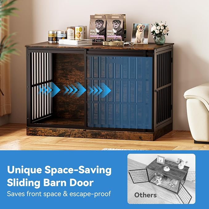 Petrova 47" Dog Crate Furniture for Large/Medium Dogs, Heavy Duty Dog Kennel Indoor with Name Tag, Wooden Dog Cage with Sliding Barn Door, Decorate House as TV Stand, End Table, Brown
