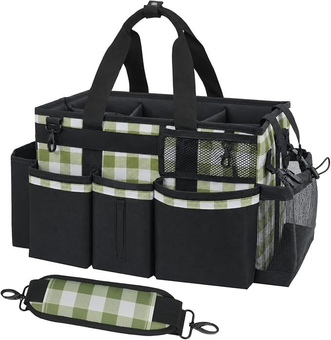 SCAVATA Wearable Cleaning Caddy, Cleaning Caddy Supplies Organizer with Handle & Shoulder Straps for Housekeepers, Under Sink & Car Cleaning Tool Organizers Bag with 4 Foldable Divider (GreenPlaid)