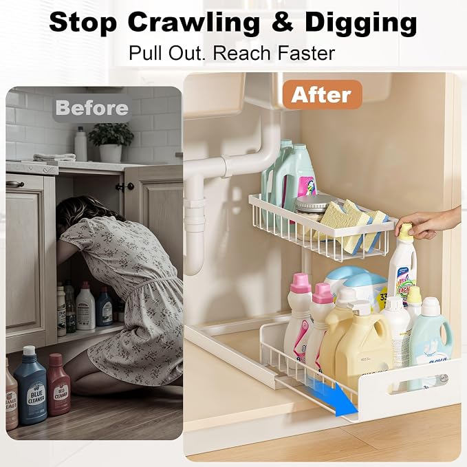 Under Sink Organizer, L-Shaped 2 Tier Pull Out Cabinet Organizer | Slide Out Under Cabinet Storage, For Kitchen and Bathroom, Metal Under Sink Storage with Sliding Drawer, 50 lbs, White 2 Pack