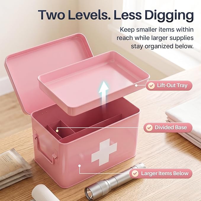 Flexzion Large Metal First Aid Box Empty, 13-Inch, Pink with White Cross | Vintage Medicine Box and First Aid Storage Organizer with Removable Tray and Dividers; Empty Box Only, Supplies Not Included