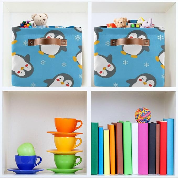 Christmas Snow Penguin Blue Print Rectangular Storage Bin Basket with Handles - Organizer Bins Laundry Storage Basket for Pets Room Books Closet