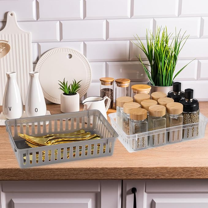 Wenqik Set of 12 Small Plastic Baskets for Organizing, Black,Gray,Clear