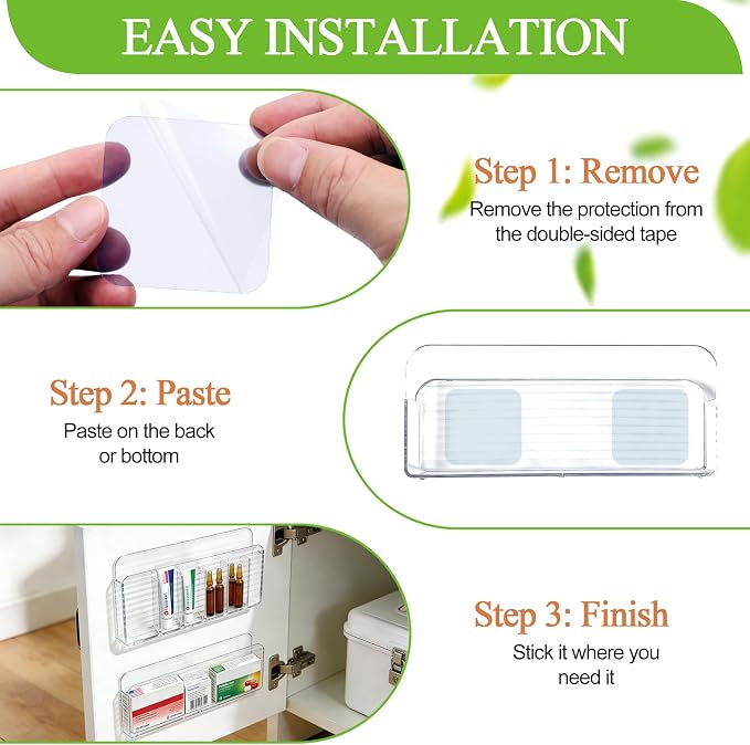 Medicine Holder for Cabinet Door, 2-Pack Reusable Medicine Organizer for Inside Cabinet Storage, Ultra-Sticky Adhesive Mount (Clear)