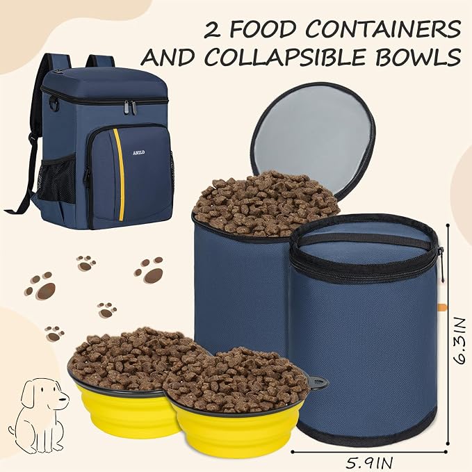 ANILD Dog Travel Bag Backpack, Flight-Ready TSA-Approved Dog Travel Bag with 2 Leak-Proof Food Canisters, 2 Foldable Silicone Bowls, Multi-Compartment Organizer for Hiking, Camping, Dog Mom Essentials