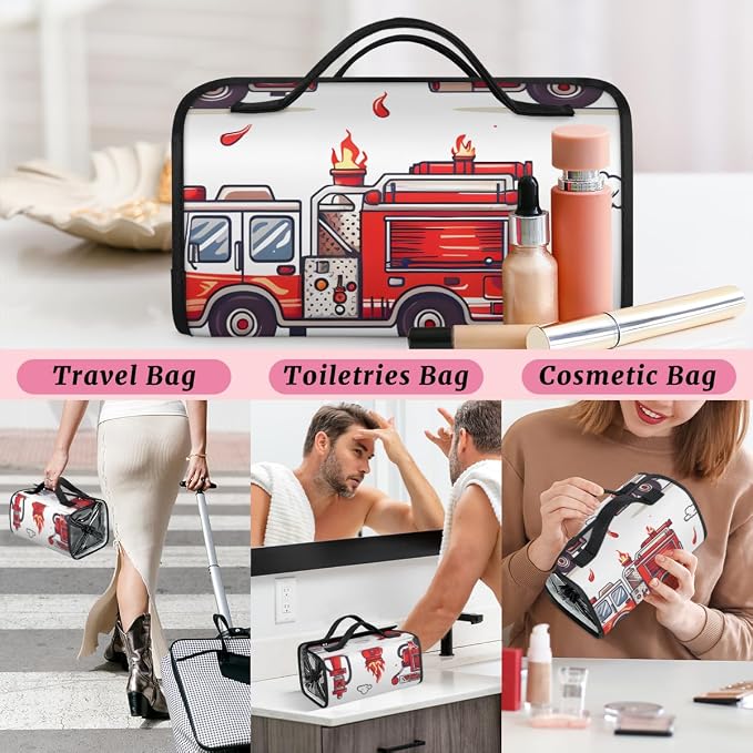 Fire Truck Makeup Bag for Women Hanging Roll-Up Travel Organizer Toiletry Kit with 4 Removable Compartments, Transportation