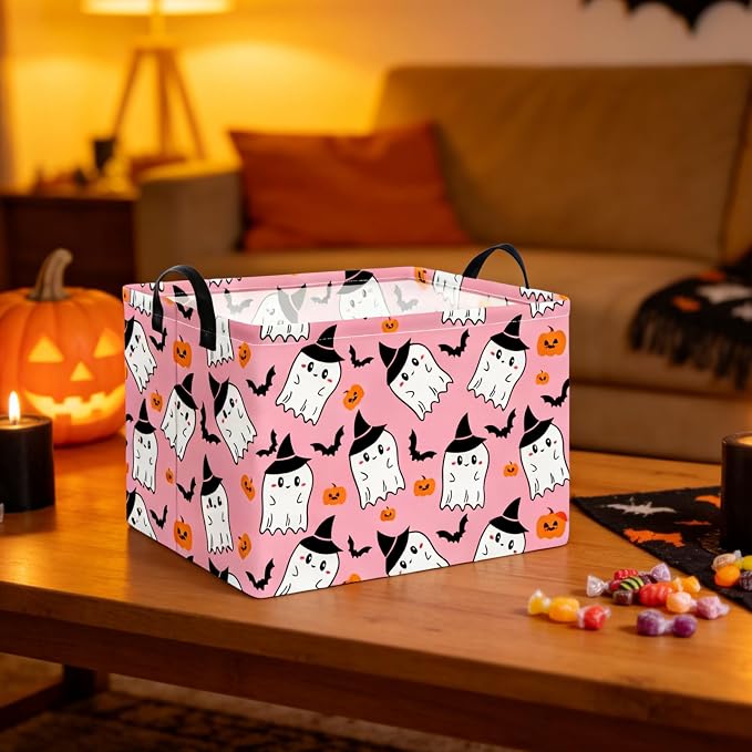 NTAO Gift Storage Basket Empty for Halloween, Storage Bin with Handles, Room Decor, Book Box(Pink Ghost Bat)