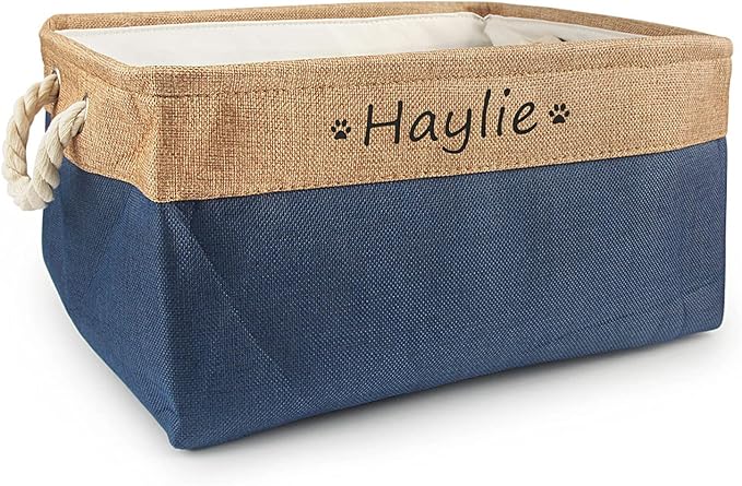 Personalized Dog Toy Basket with Name,Custom Dog Toy Basket,Paw Prints Pet Food Storage Container,Dog Toy Box for Small Dogs,New Puppy Supplies (Dark Blue,S 31X21X12cm)