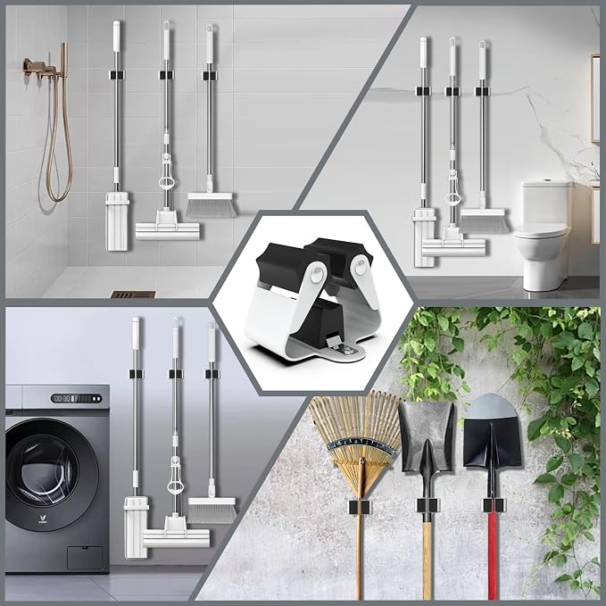 3-H Broom Holder Wall Mount 30 Pack, Heavy Duty Stainless Steel Mop and Broom Organizer Clips, Strong Grip Wall Mount Holders for Garage, Garden, Laundry Room & Utility Closet, Matte Black