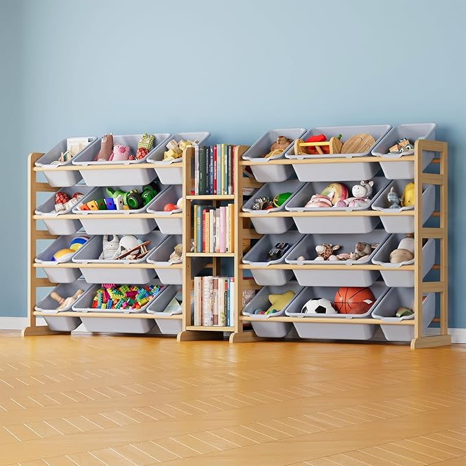 SpaceAid Large Toy Storage Organizer with 24 Bins and 3 Shelves, Toy Organizers Storage Bookshelf, Kids Bin Shelf Box Bookcase for Bedroom Playroom Organization Room Decor, Neutral Gray