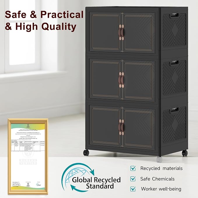Stackable Storage Bins with Lids, 330QT Lockable Storage Cabinet | Closet Organizers, Foldable Storage Box with Doors and Wheels, Plastic Drawers for Home, Garage, Office (3, Black, Plus)