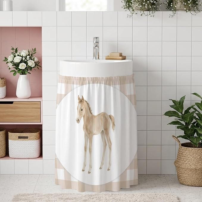 Graceful Pony Oven Skirt Curtain for Kitchen Decor 28"x35", Natural Horse Modern Farmhouse Plaid Rustic Self Adhesive Stove Curtains Skirt Cabinet Curtains for Bathroom Laundry Room