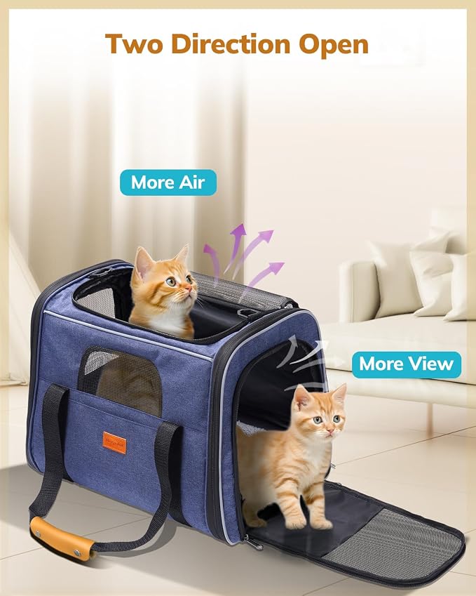 Morpilot Cat Carrier Soft for Large Medium Cats and Puppy up to 18lbs | with Dual-Sided Cushion, Secure Buckle and Foldable Bowl, Dog Carriers for Small Dogs - Pet Carrier (Dark Blue)