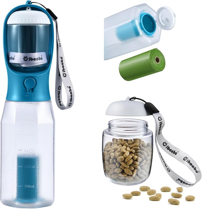 Cibaabo Dog Water Bottle with Food Container & Poop Bag Holder & Filter | Feeding & Hydration & Waste All in One | Travel Puppy Water Bowl | Portable Pet Dispenser | Dog Gifts | for Walking Beach