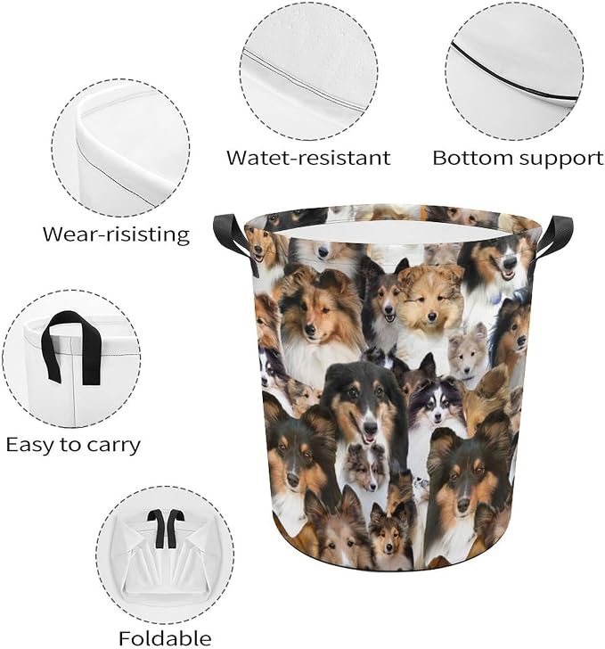 Sheltie Dog Print Laundry Basket, Funny Sheltie Dog Face Laundry Hamper, Foldable Waterproof Oxford Cloth Tote Bag Dirty Clothes Storage Bucket Organizer for Bathroom Bedroom