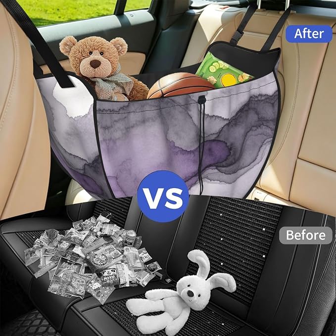 Gray Purple Wash Car Seat Organizer-Backseat Storage Bag for Travel | Waterproof Durable. Holds Snacks Gear Essentials. Fits Most Cars.