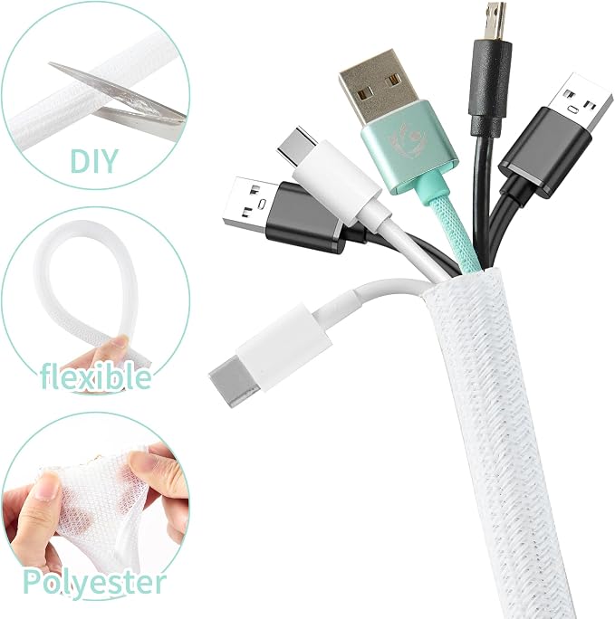 Split Wire Loom 3/8 Inch 50ft, Braided Cable Sleeve for Cable Management, Cord Protector for Pets, TV, Desk & Automotive, White