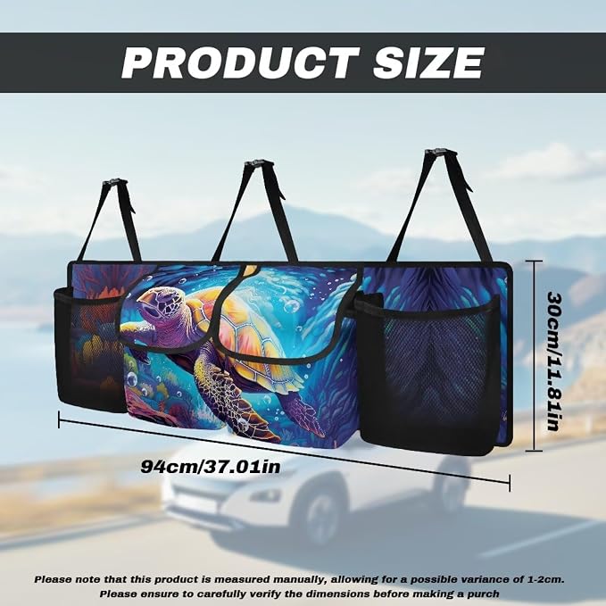 Dreaweet Car Trunk Organizer Back Seat Hanging Storage with 4 Large Pockets,Turtle Car Accessories for Women Men Collapsible Car Seat Back Storage Mesh Net Bag Trunk Organizer for SUV Sedan Trucks Van